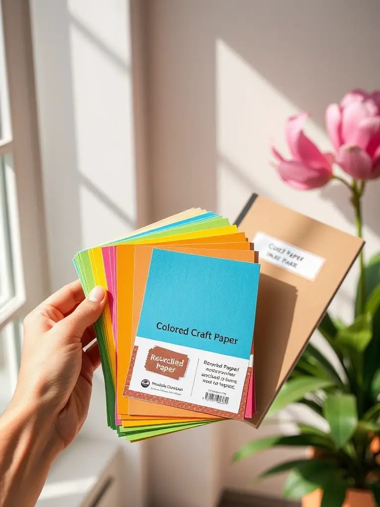 Image of a hand holding a Colored Craft Paper Pack next to a Recycled Notebook Paper, showcasing the vibrant colors and eco-friendly materials, highlighting the diverse and sustainable options available at Junl-app.co.