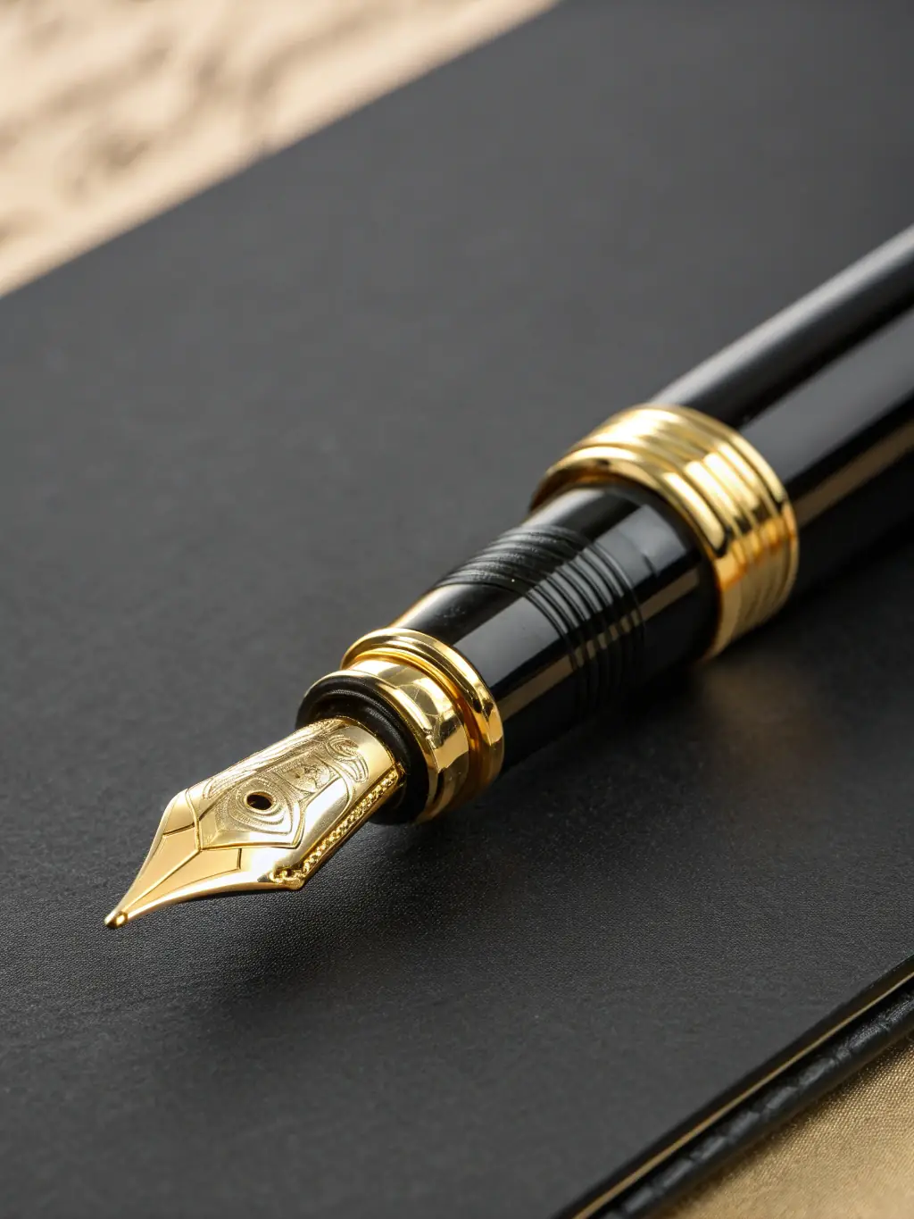 Close-up of a Premium Fountain Pen resting on a Grid-Patterned Notebook, showcasing the pen's sleek design and the notebook's structured layout, emphasizing the precision and functionality offered by Junl-app.co.