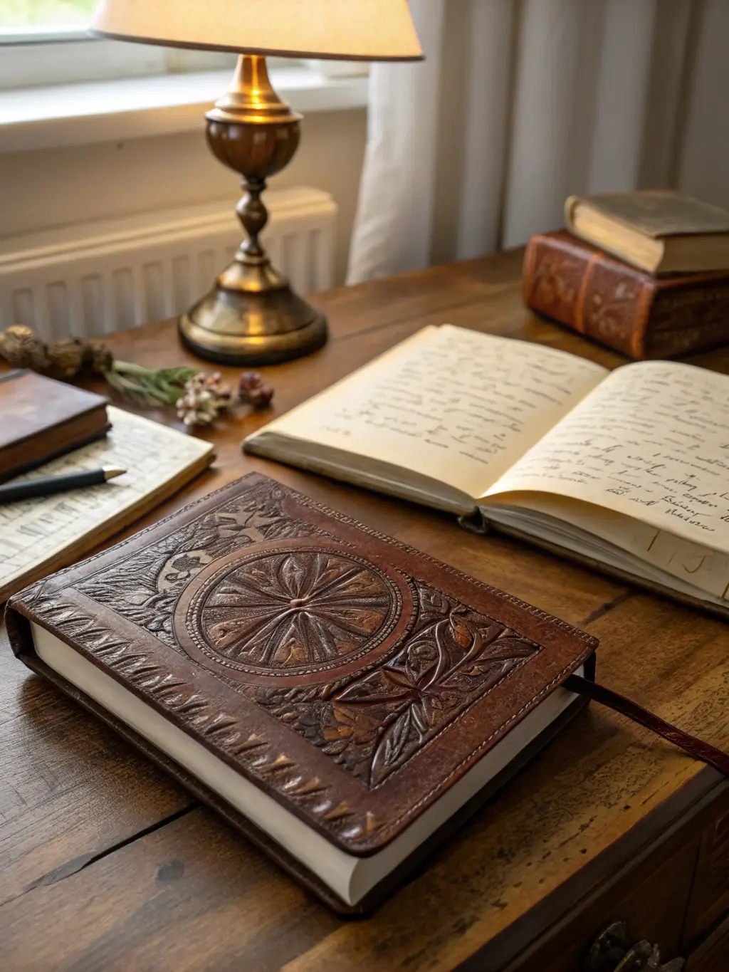 Close-up shot of a Classic Leather Notebook, showcasing the texture and stitching of the leather cover, with a fountain pen resting on top, emphasizing the high-quality materials used in Junl-app.co's premium journals.